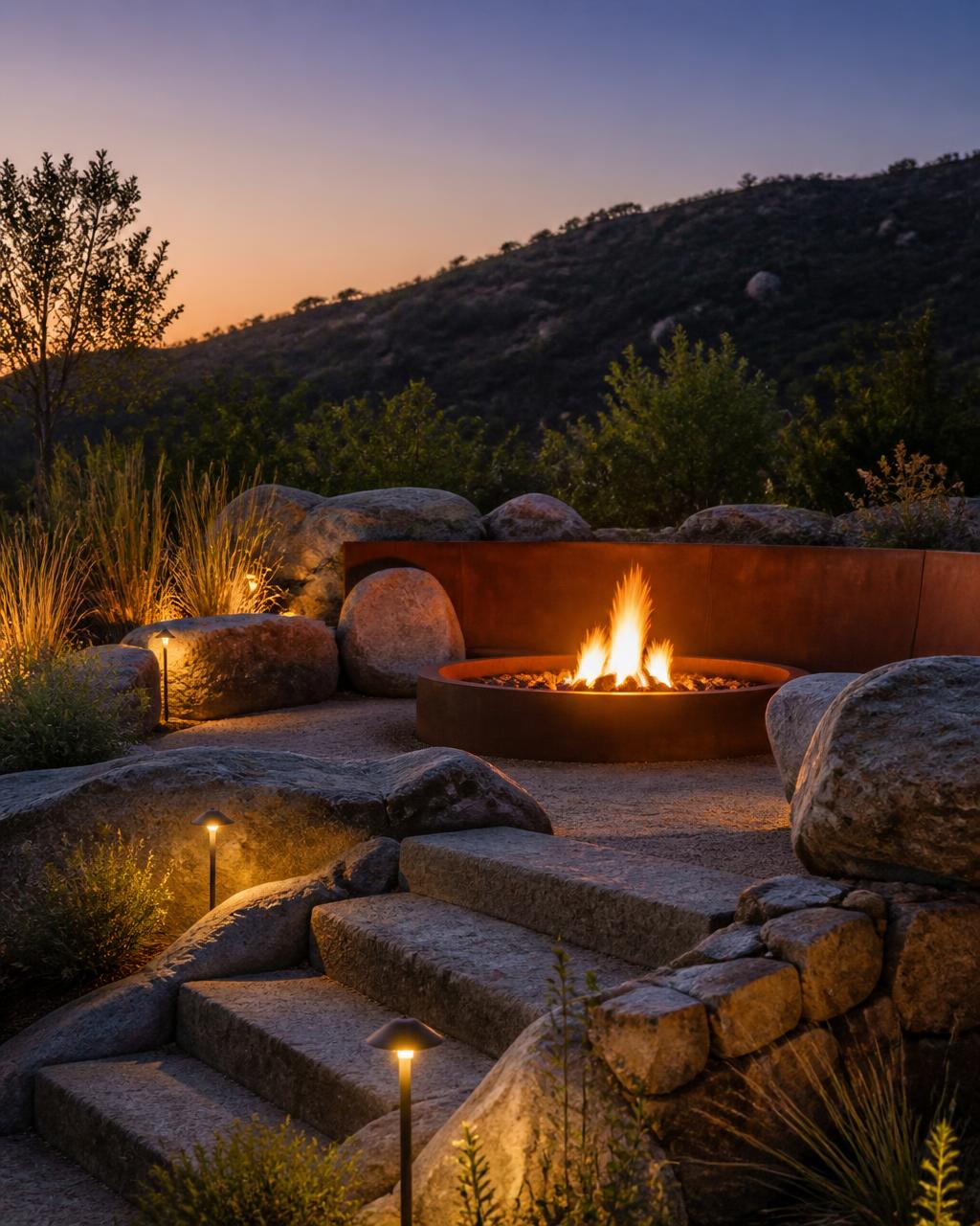 A stone and steel fire pit lounge area at dusk